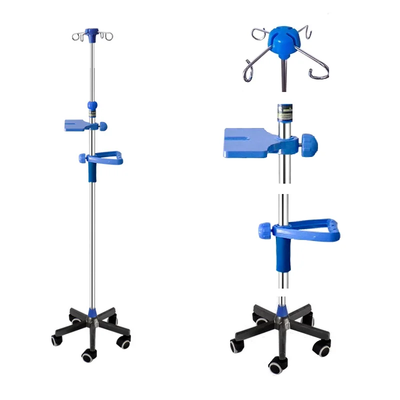 Hospital and Clinic Medical Adjustable Mobile IV Pole Drip Stand 4 hook infusion stand with haft and tray manufacture