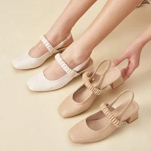 Women Leather Slingback Pumps Ruched Strap Block Heel Light Vintage Spring Summer Office Date Casual Comfort Shoes Wholesale