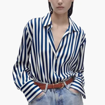 Factory Custom Fashion Women Stripe Vintage Long Sleeve Button-up Chic Female Shirts