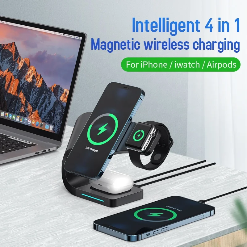 Top Version Minimalism 15W Desktop Fast Wireless Charger 4 in 1 Multifunctional Wireless Charging Station Phone Stand Chargers