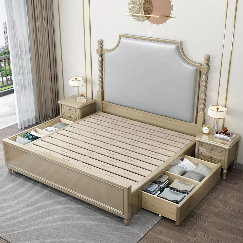 Wooden king Size Double Bed with Storage Space Modern Simple Design Queen Size Bed Room Set Furniture Solid Wood Bed