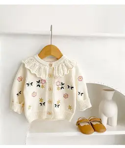 Cotton Long-Sleeved Knitted Embroidered Jacket for Infants 0-3 Years Casual Style Baby Cardigan with Button Closure