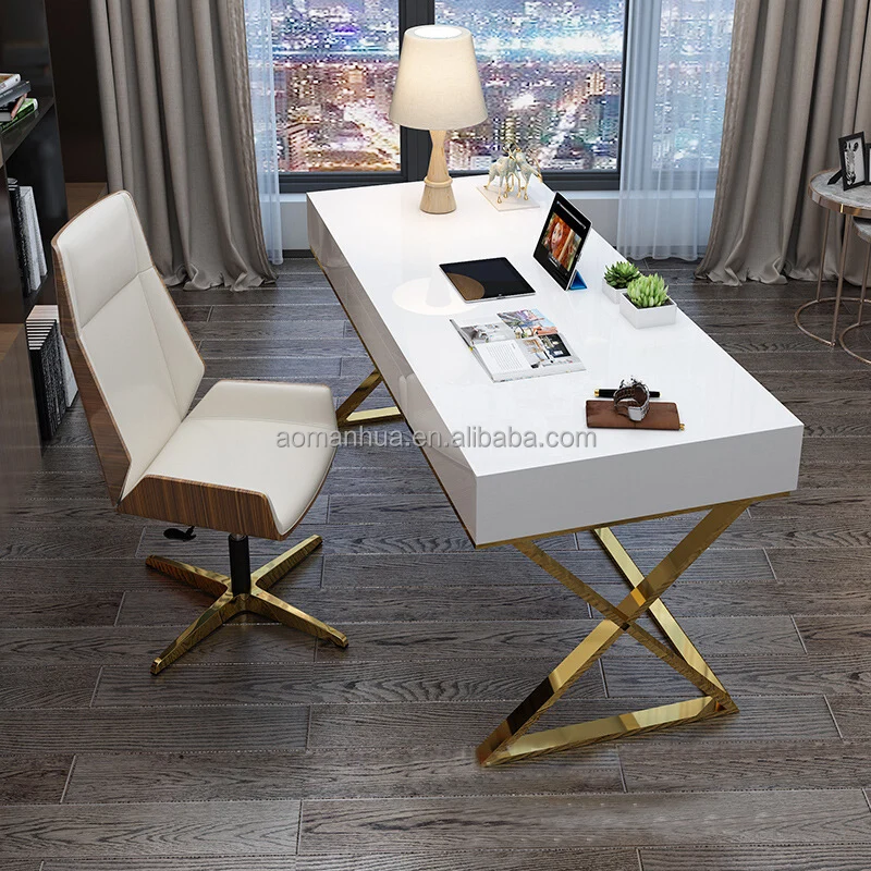 Nordic Glossy Reading Table Bedroom Computer Desk Stainless Steel Legs Home Furniture