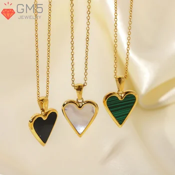 Wholesale 18K Gold Plated Stainless Steel Jewelry Imitated Malachite Natural White Shell Black Heart Necklaces