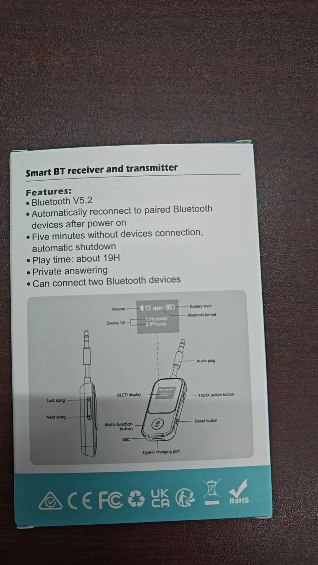 Wireless BT 5.4 Receiver Transmitter 2 in 1 Adapter 3.5mm Jack Wireless Adapter Mic for TV PC Headphone Car Aircraft BR19T
