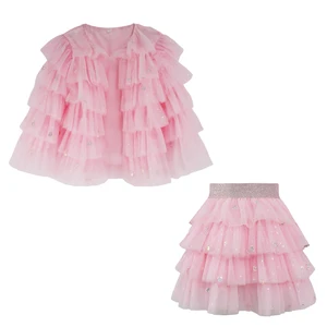 Charming Girls Pink Tulle Layered Ruffled Outfit Set Adorned with Sparkly Sequins for Party Occasions