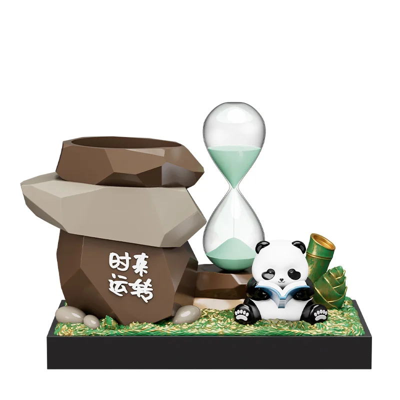 Panda Shaped Pen Holder with Hourglass Timer Cute Cartoon Style Home Office Desk Organizer Creative Decorative Storage Display