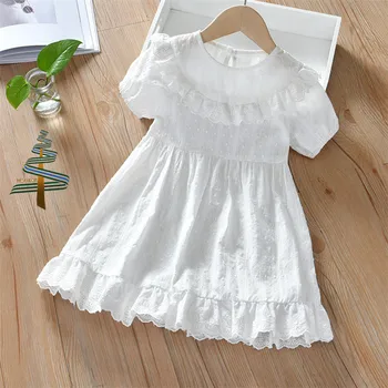 Summer Kids Wear Lace Dresses Toddler Girls Short Sleeve Ruffle Princess Casual White Dress for Children