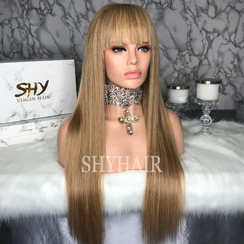 Top Quality 150% Density Honey Blonde 100 Brazilian Virgin Hair Full Lace Wigs With Bangs