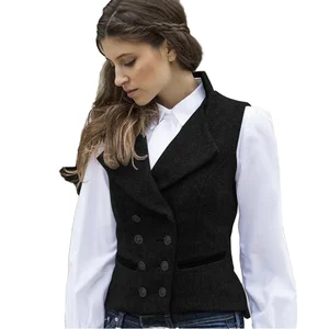 Women's Vintage Steampunk Tweed Waistcoat Herringbone Wool Crocheted Vest Slim Fit V Collar Breathable Formal Outer Wear