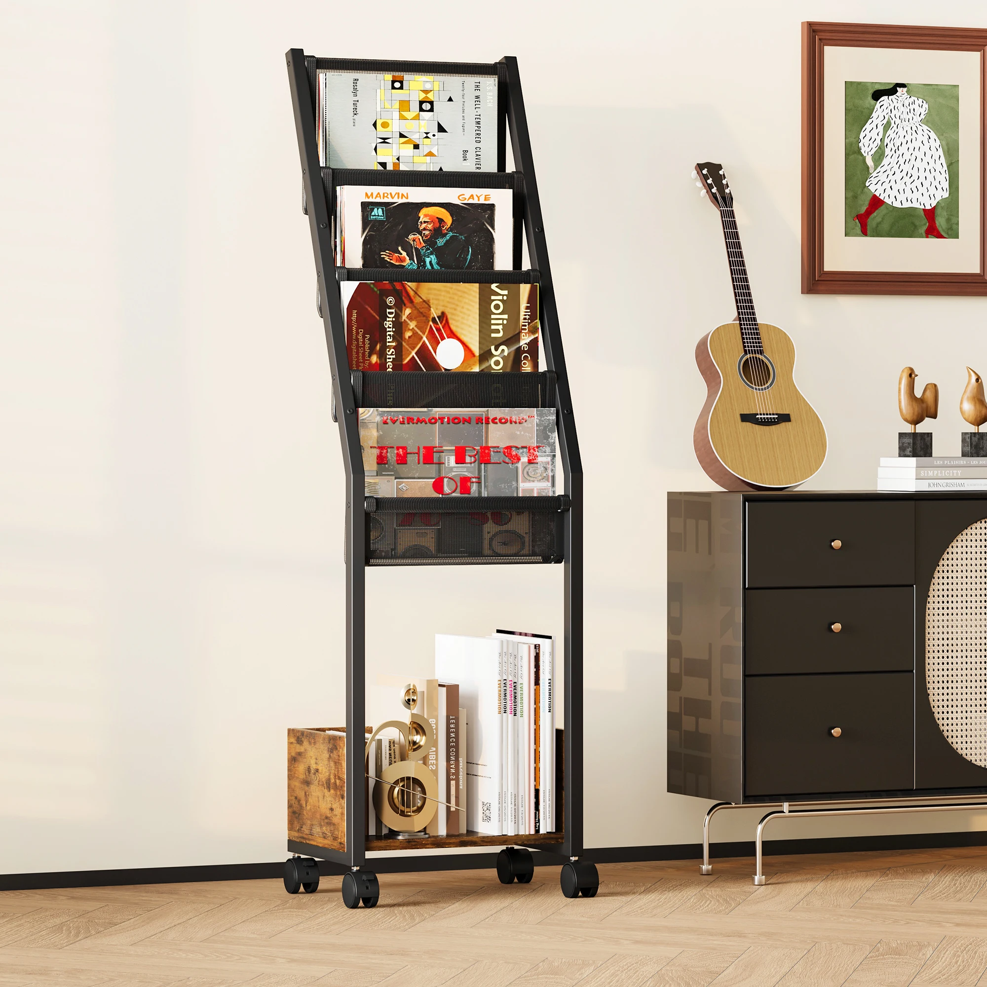 Vinyl Record Storage,4 Tier Record Holder with Vinyl Holder Display Shelf Holds up to 100 Records,Movable Storage Organizer Rack