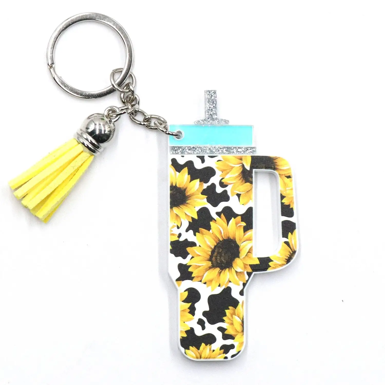 YCXKH1342 Tassel Printing Sunflower Keychain UV Printed Long Chain Keychain for High-End Bags Gift Keychain