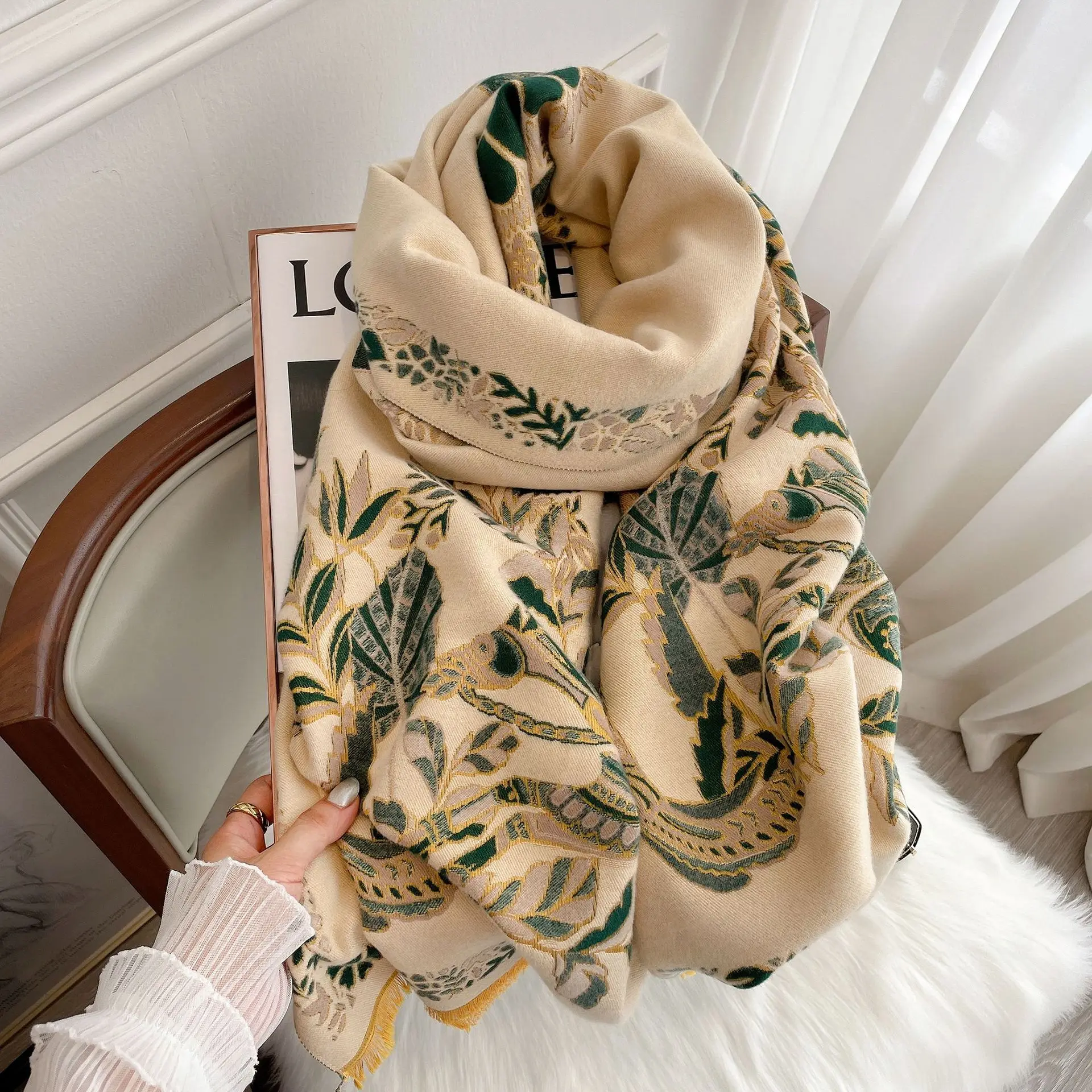 Écharpe Châle Pashmina Cachemire Laine - Beige Floral - 80x30" - Fait Main Inde - Neuf Avec étiquette
