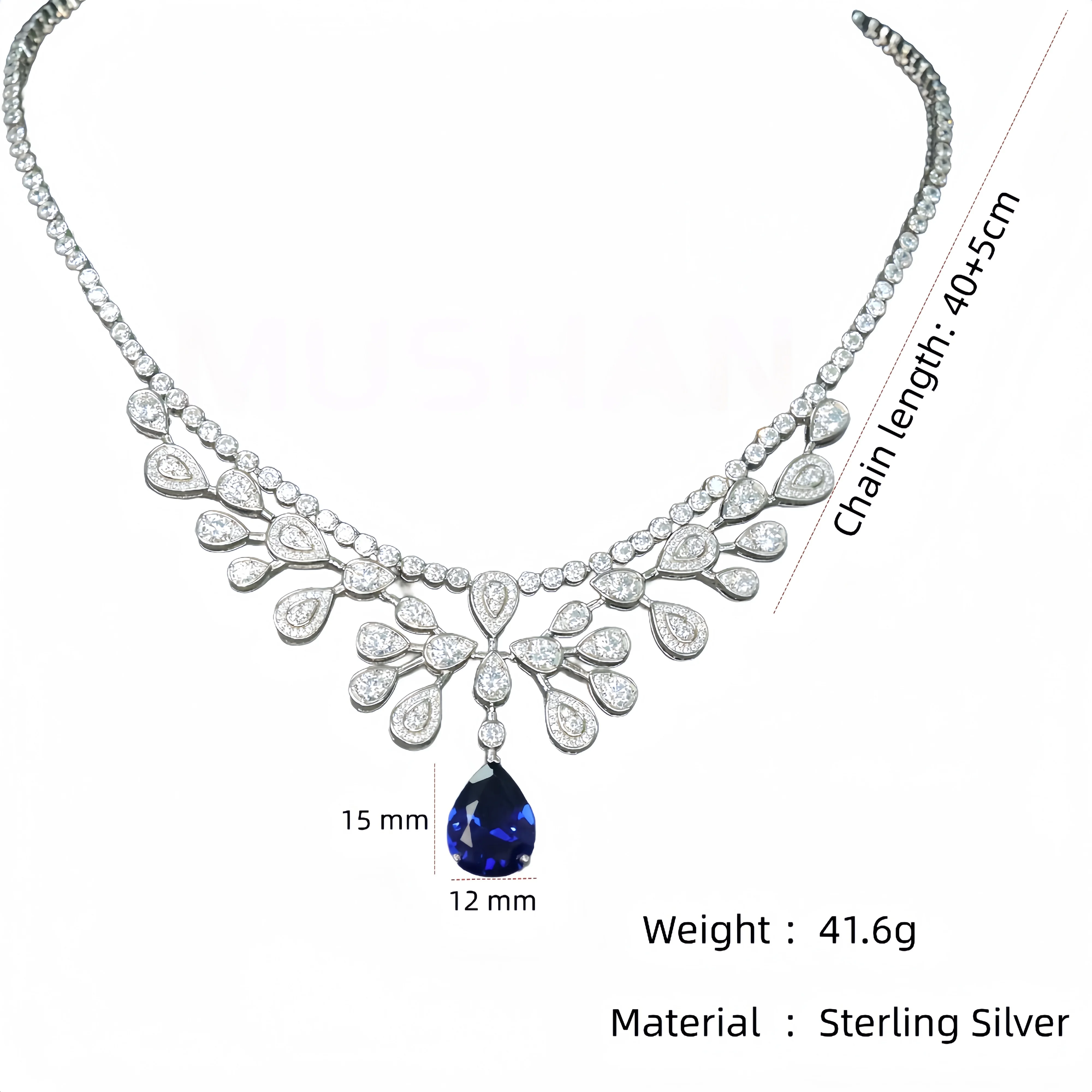 MUSHAN Jewelry Factory 925 Silver Necklaces Party Jewelry High Carbon Diamond and Water Drop Synthetic Sapphire Pendant Necklace