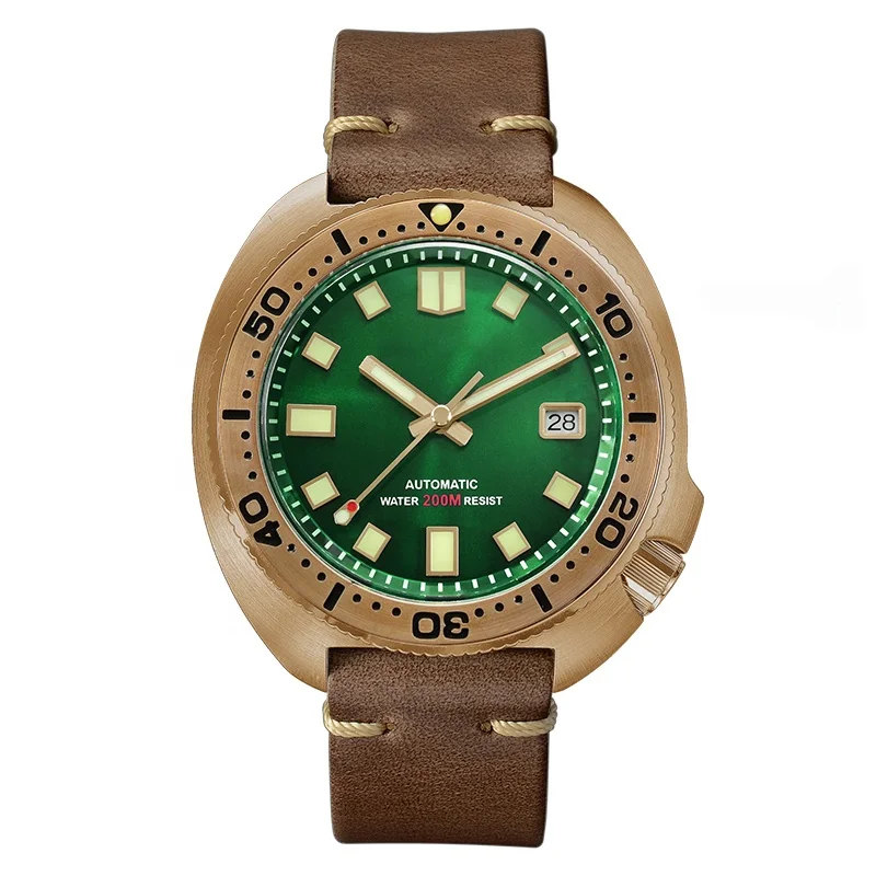 NH35 Movement Mechanical C3 Luminous Holvin cowhide leather band Tuna Cusn8 Bronze Diver Diving Automatic Watch Man
