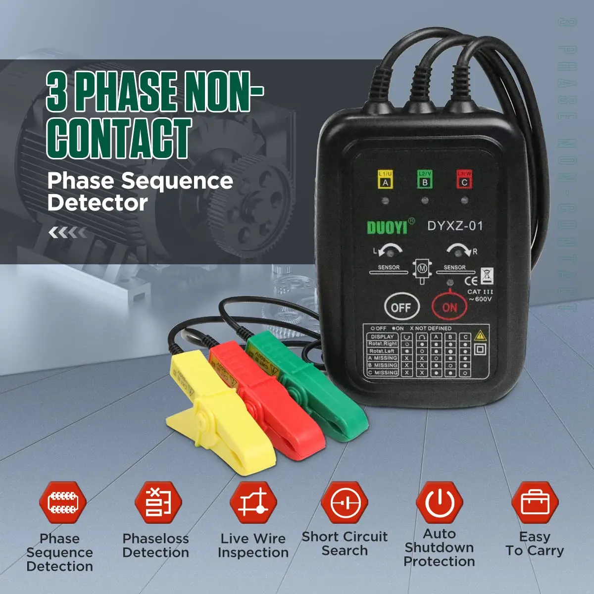 Phase Rotation Meter Non-Contact 3 Phase Motor Rotation Tester AC 70~600V High Magnetic Induction Phase Sequence Detector