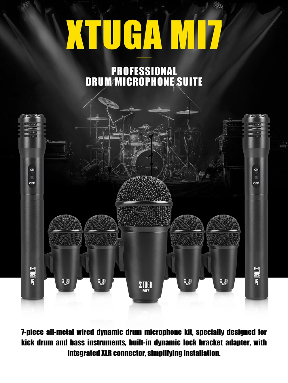 New Mi7 7piece Wired Dynamic Drum Mic Kit Kick Bass,Tom Snare Cymbals