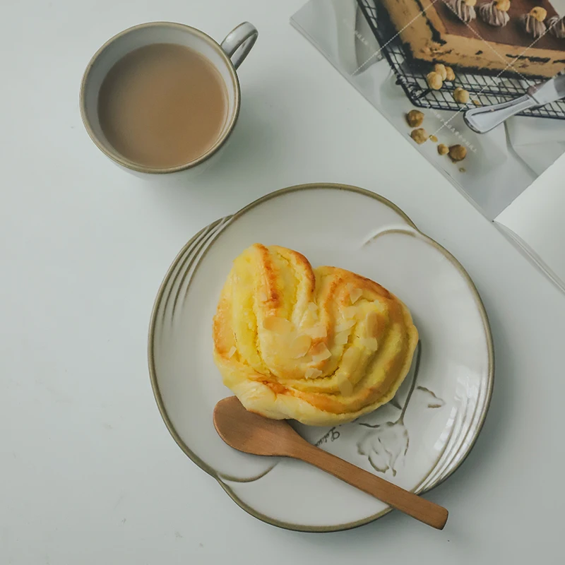 Contemporary Reactive Gray Glaze Elegant Embossed Rose Flower Ceramic Tea & Coffee Cup with 8-Inch Dessert Plate