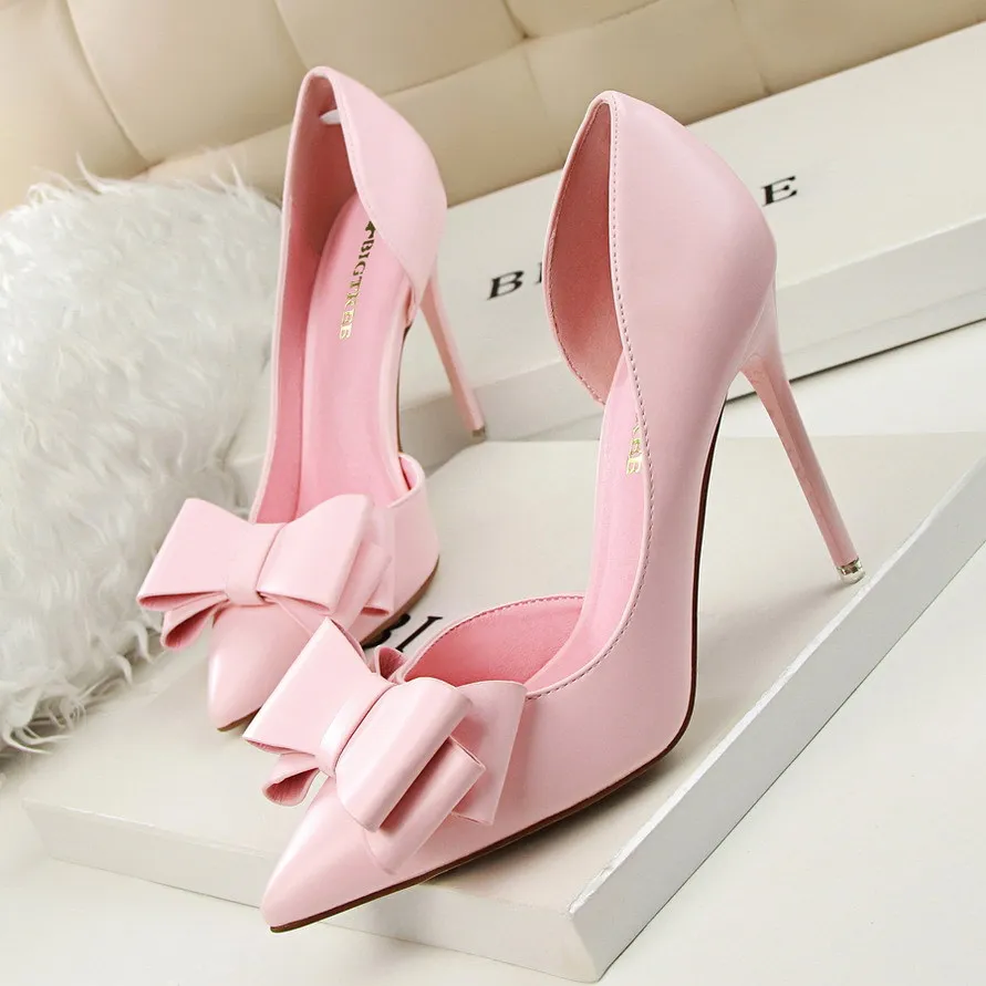3168-2 High Quality High Heels Shoes for Women Sweet Bow Tie Shallow Out  Pointed Toe Women Pumps Shoes Stiletto Heels for Ladies