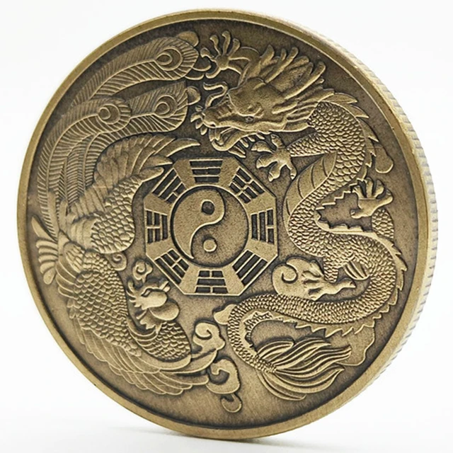 Taiji Yin Yang Bagua Medal, Dragon and Phoenix Antique Bronze Decorative Coin, Classical Taoist Philosophy Token, Creative Toy