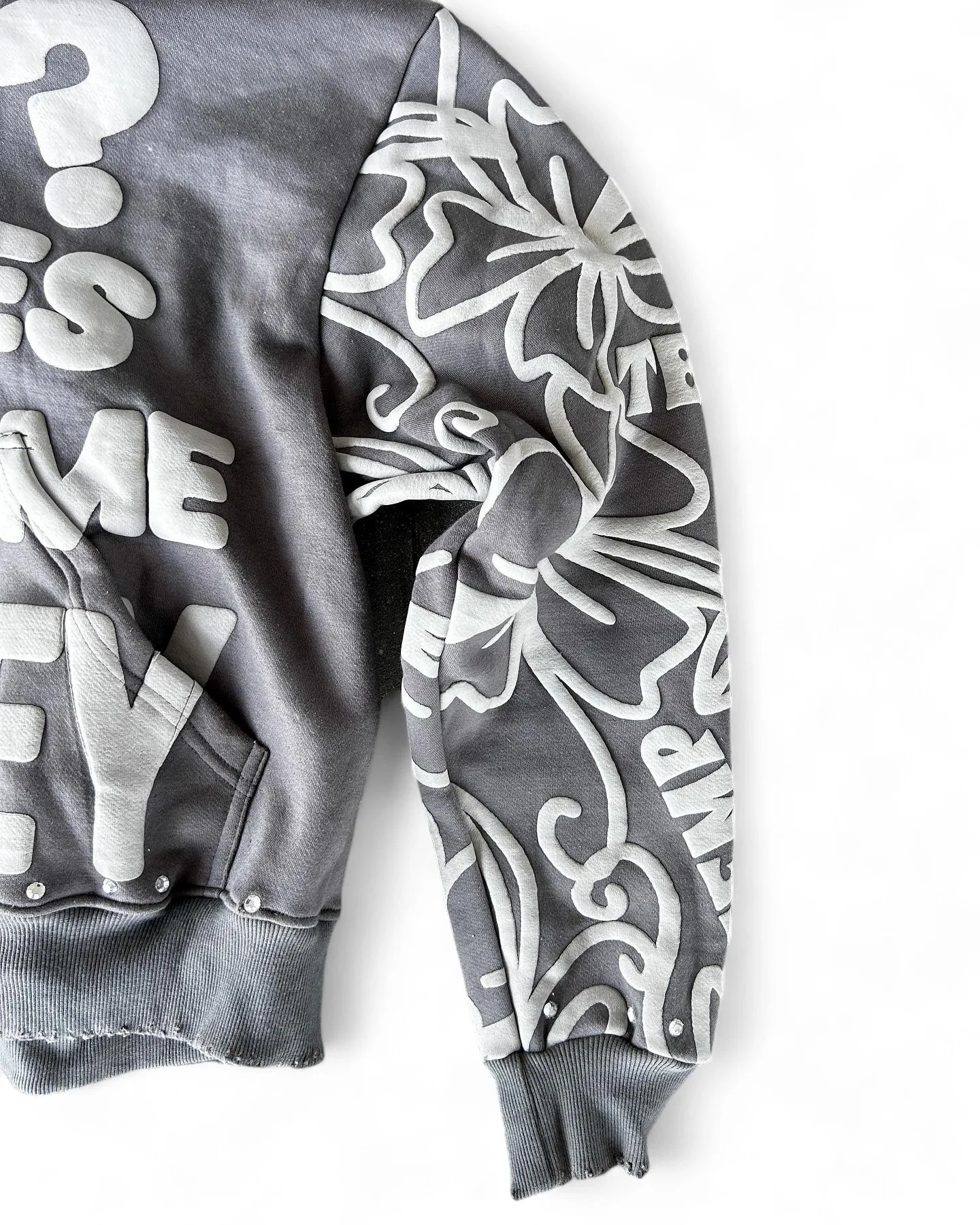 Custom Men Heavy Weight Boxy Distressed Cropped Rhinestone Pullover Oversized Acid Wash Puff Printing  Zip up Hoodie