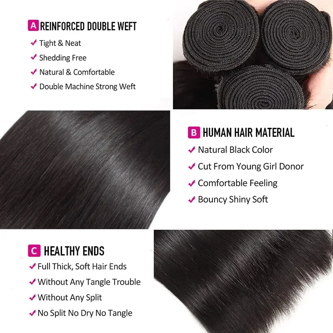 Extensions di capelli umani lisci neri naturali brasiliani spessi 14-30 pollici per donne_voghion.com