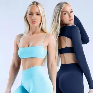 Popular Solid Color 4-Piece Gym Sports Fitness Yoga Set Quick Dry Sexy Bra & Long-sleeved Top & Shorts & Slim Pants for Women