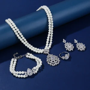 Designer Style Elegant Classic Fine Jewelry Set Copper Brass Inlaid Zircon Rhodium Plated Wedding Gift Party Wear Lady