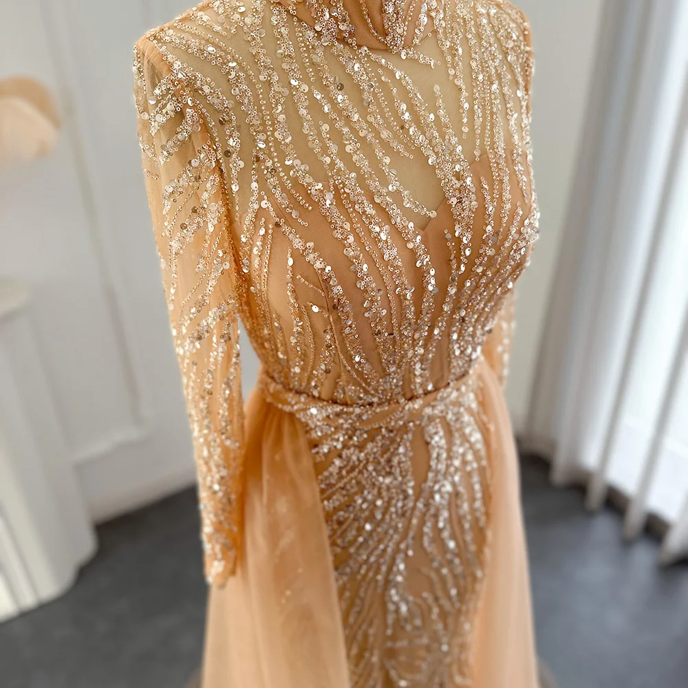 slim fit dress slacks Modest Gold Mermaid Wedding Dress High Neck Long Sleeve Pageant Dress –  Viniodress main image 1