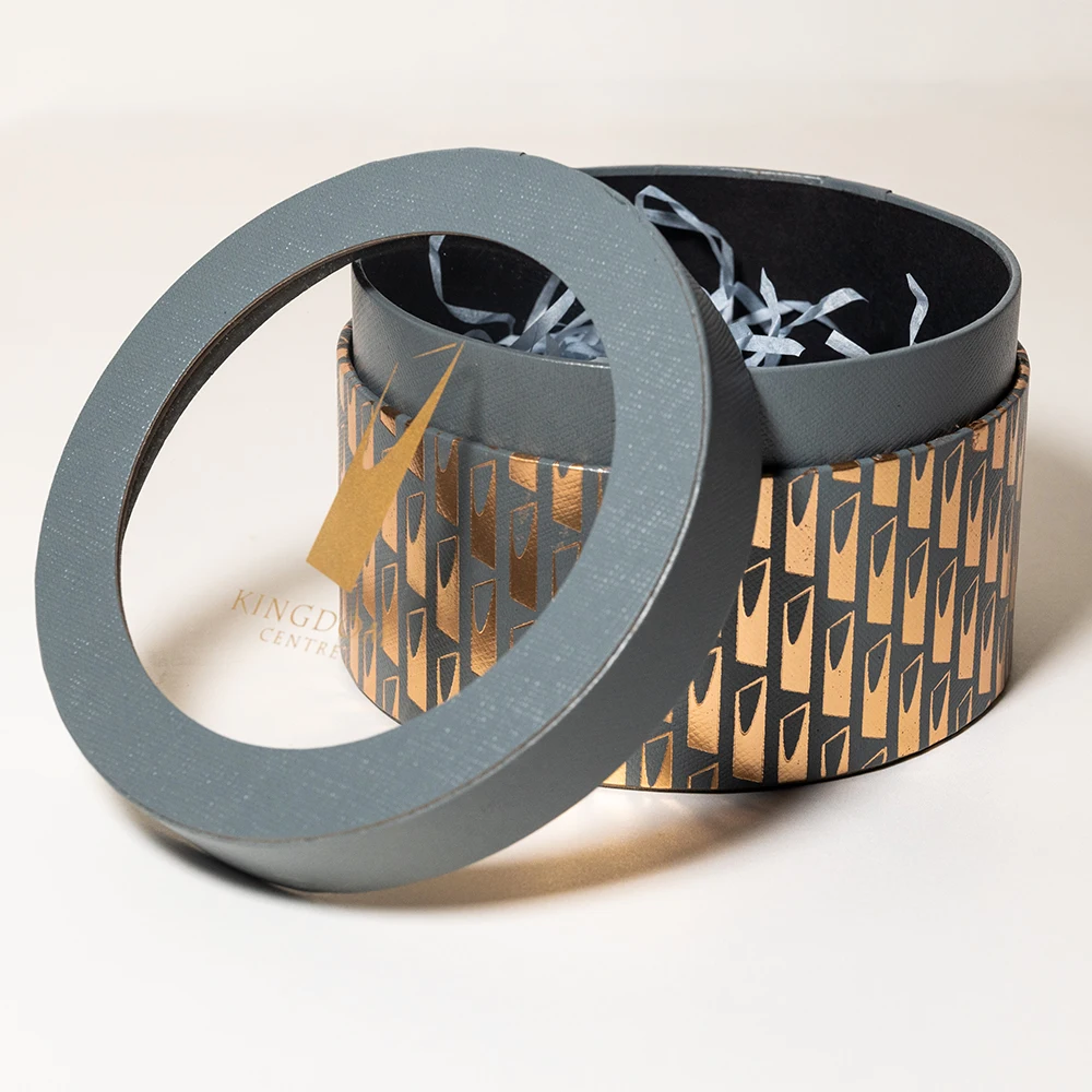 New Arrival Gold Foil Stamping transparent Pvc Window lid and base Makeup Paper Perfume Cylinder Box Packaging