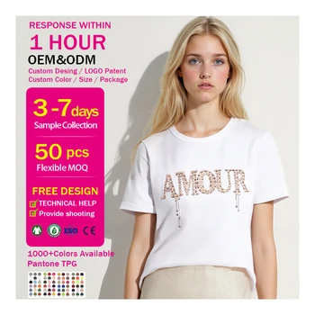 OEM 100% Cotton Custom Women's Short Sleeve Crew Neck T-Shirt Summer Embroidery and Rhinestone Transfer Print Decoration
