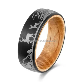 POYA Forest Hunting Wedding Band Black Forest Pattern Tungsten Whiskey Barrel Wood Inlay Ring for Men