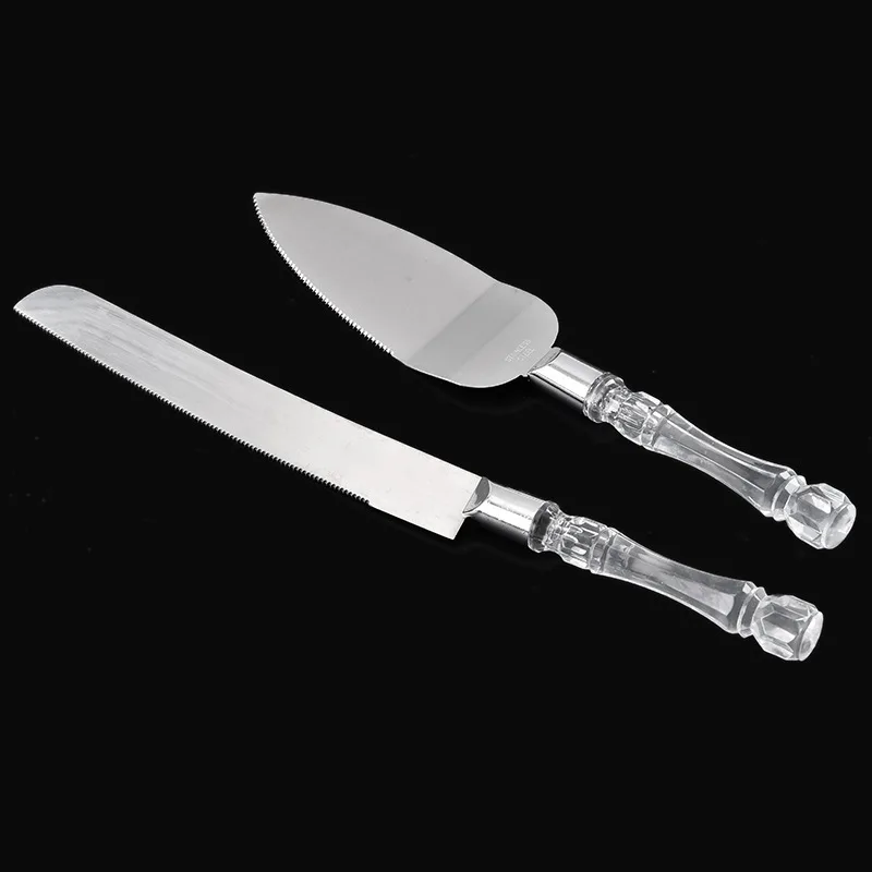 Silver and Clear Cake Knife and Server Set with Crystal Handles