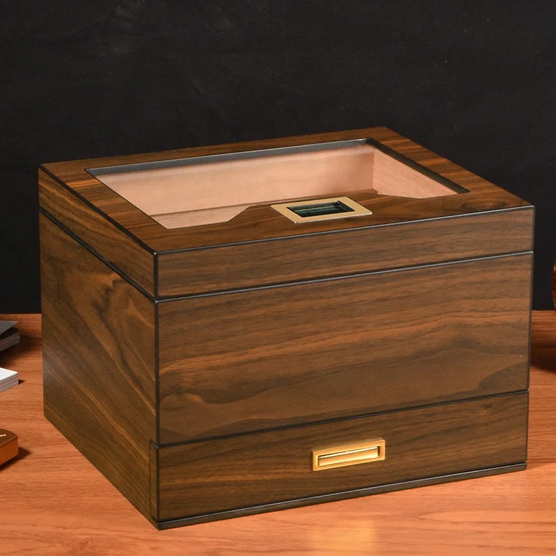 Large Capacity Desktop Cigar Humidor Classic Glass-Top Wooden Storage Box with Modern Design Style for Dubai Gift Box