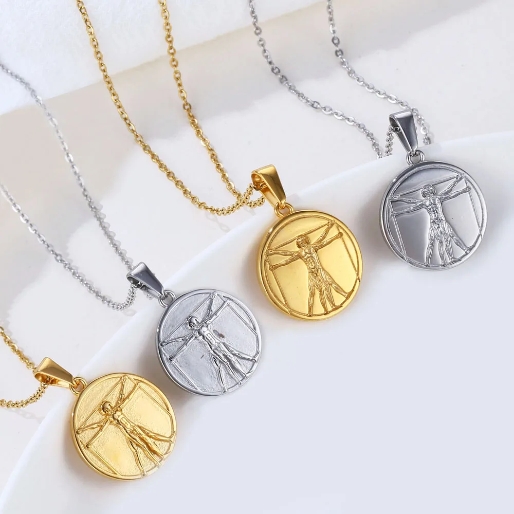 18k 금도금 레오나르도 다빈치 비트루비안 펜던트 휴먼 참 추상 예술 비트루비안 맨 코인 스테인리스 스틸 주얼리 펜던트