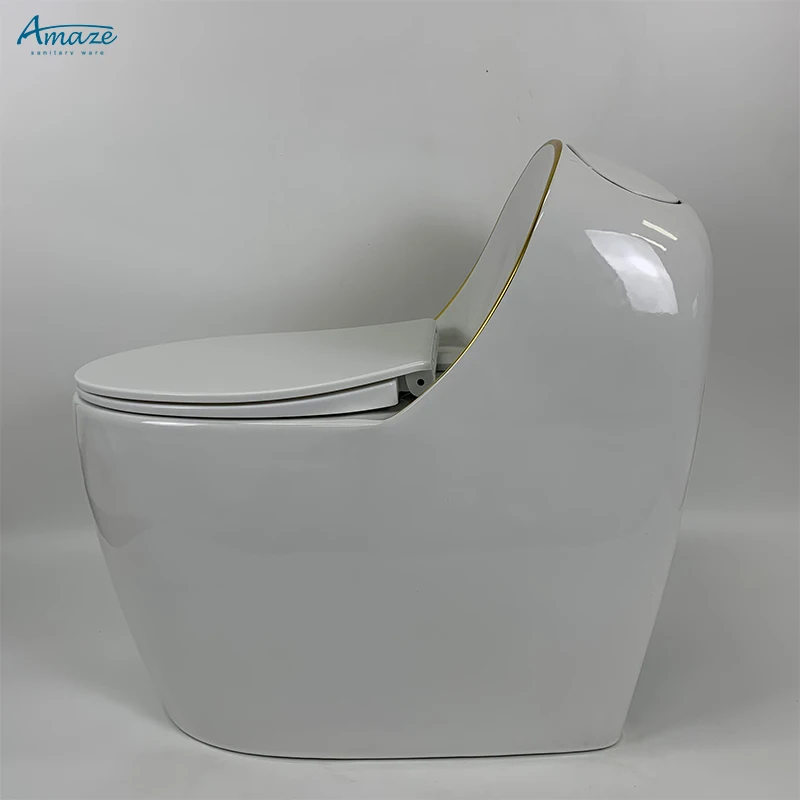 Good quality luxury design floor mounted wc white gold line egg shape water closet bathroom ceramic one piece toilet bowl supplier