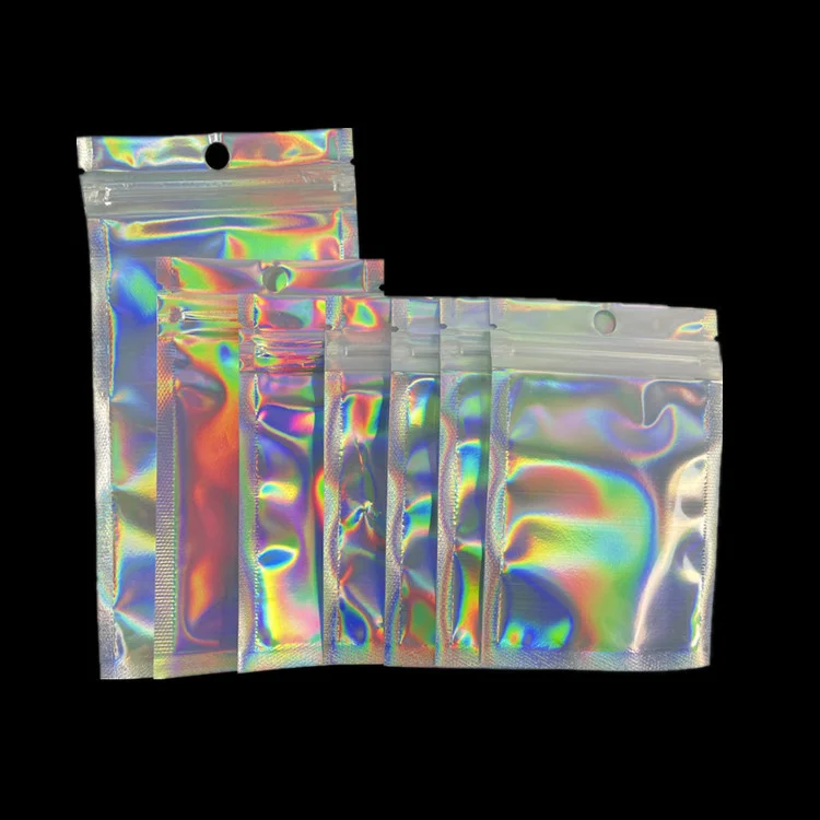 Moq 100 шт. печатная голографическая фольга Ziplock для упаковки пищевых продуктов пластиковые голограммные майларовые пакеты с застежкой-молнией