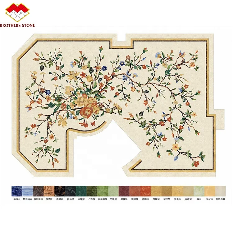 Customized Marble Medallion Arabic Majlis Marble Mural Decoration Rectangle Flower Waterjet Marble Tiles Design Floor Pattern