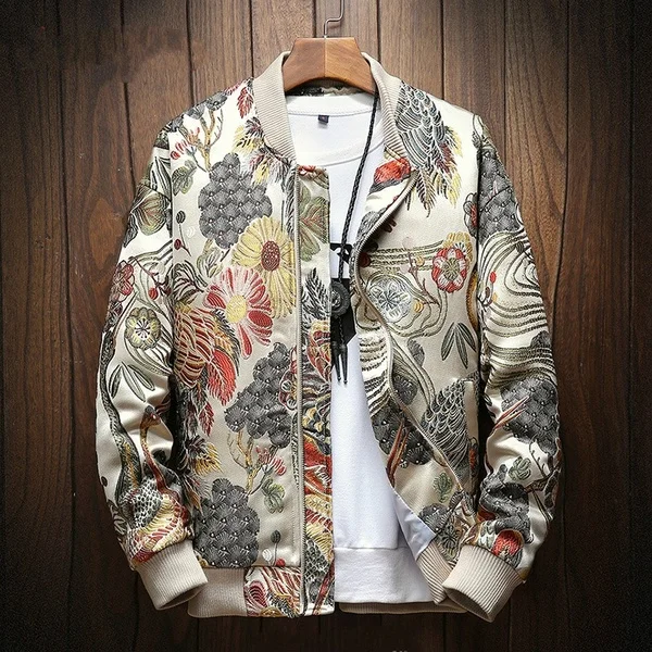 ジャケット・アウター Ethnic Embroided Design No Collar Jacket BoShiNuo Man Japanese Embroidery Men's Jacket Coat Men's Hip