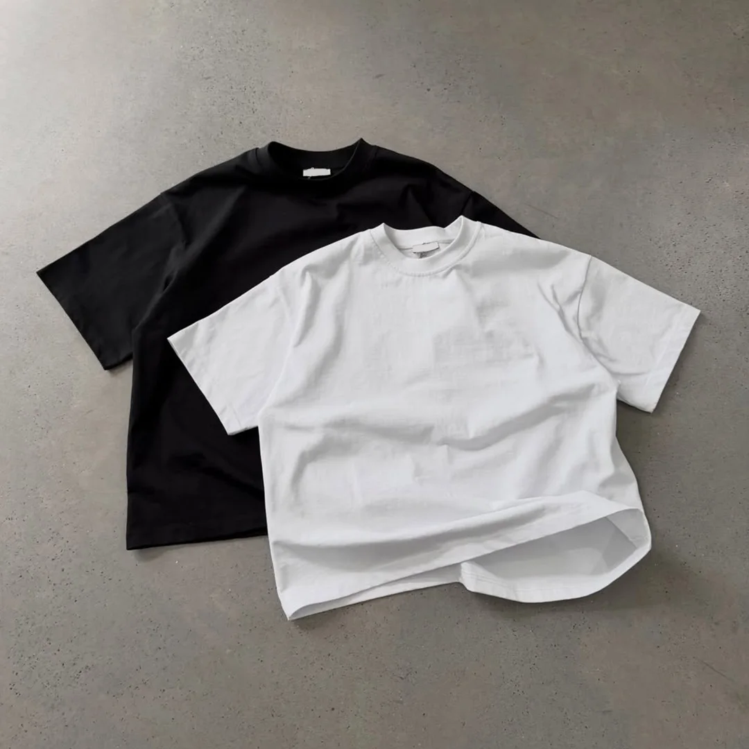 Męski codzienny, gruby bawełniany T-shirt z krótkim rękawem w stylu high street, letni model z opadającymi ramionami, cyfrowe nadruki linijkowe DTG, możliwość personalizacji