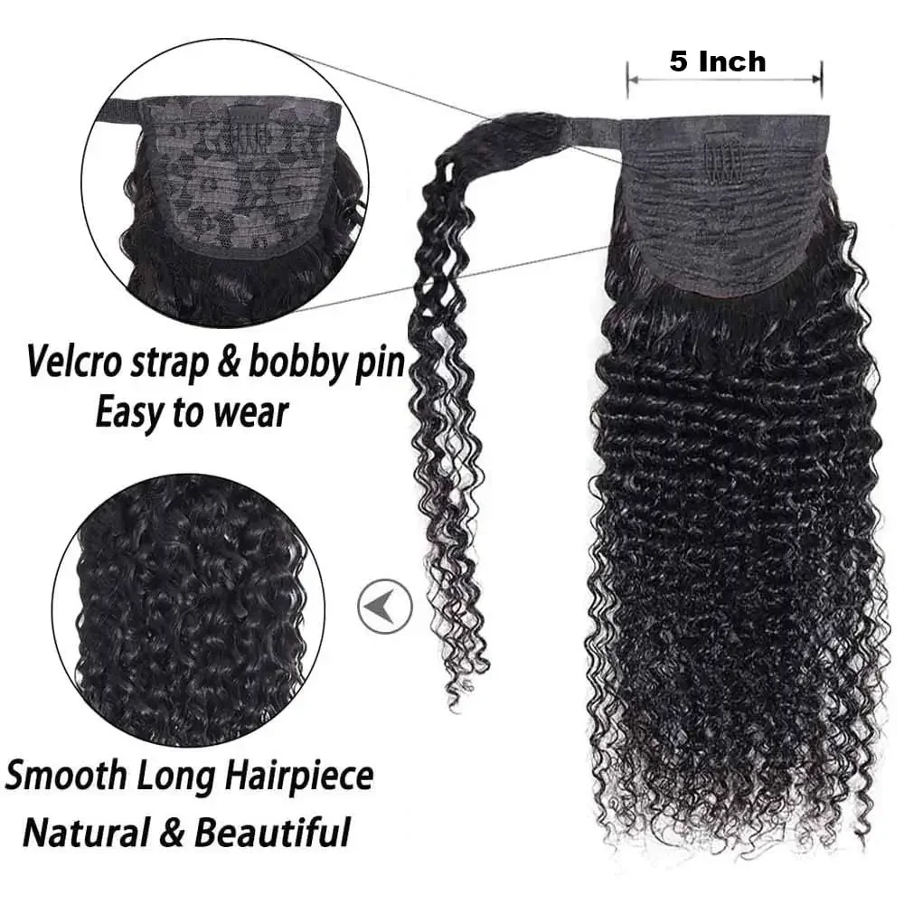 26 Inches Deep Wave Curly Brazilian Remy Hair Ponytail Extensions Clip Ins Natural Color_voghion.com