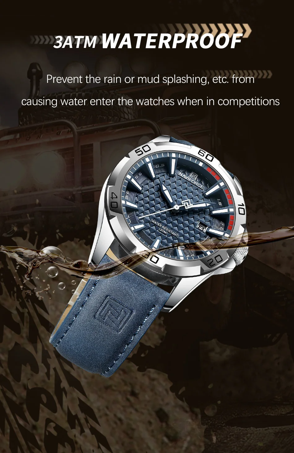 NAVIFORCE 8023 Men Wristwatch Top Brand Luxury Waterproof Watch Blue Genuine Leather Sport Quartz Original Male Clock