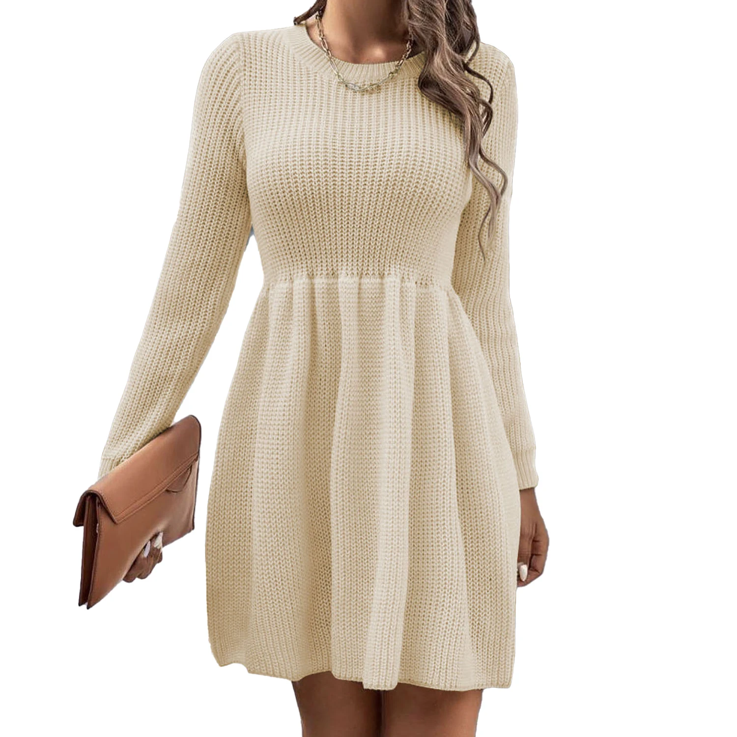 Support to Sample Customized Autumn and Winter Explosion Models Casual Women Solid Color Sweater Midi Dress for Women