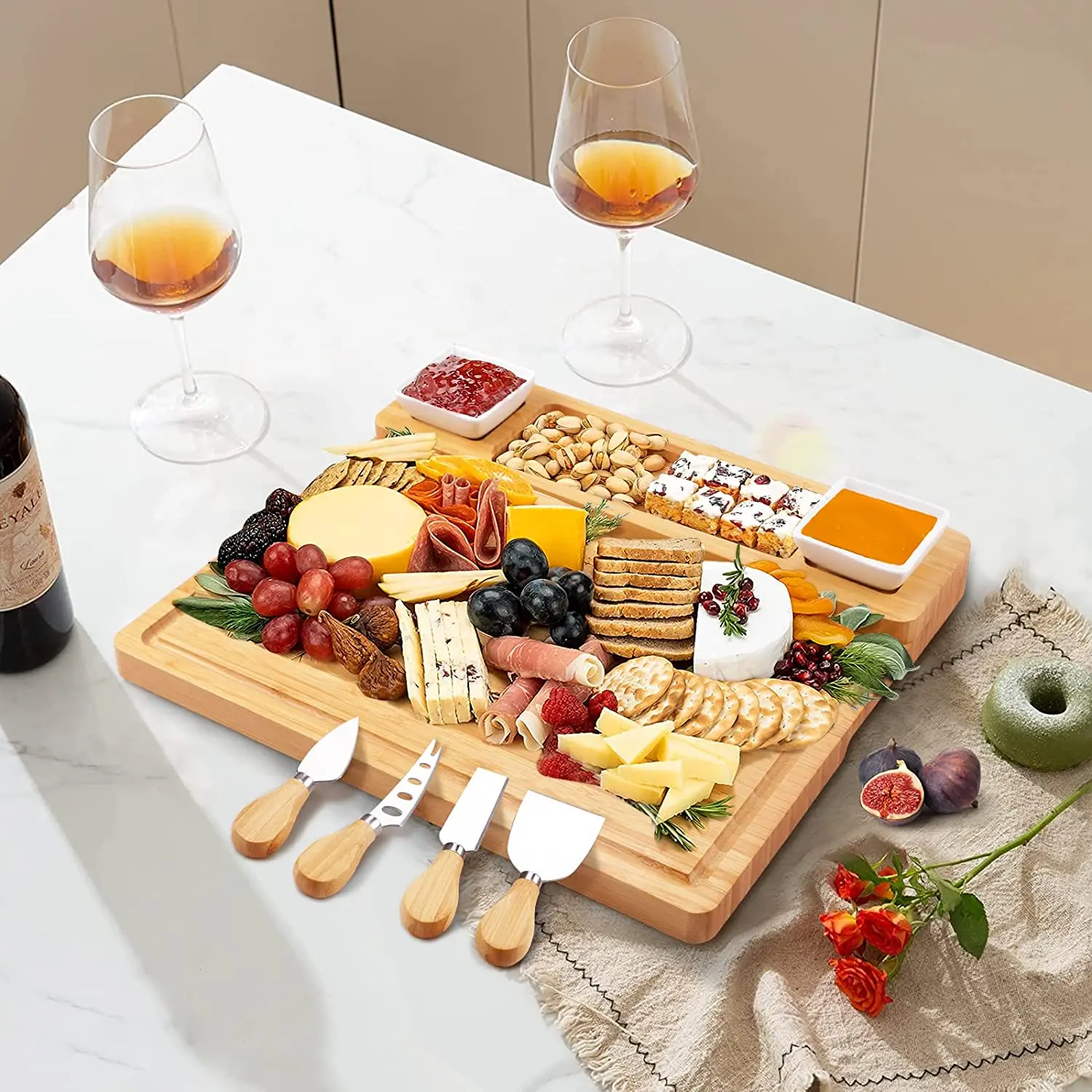 product large bamboo and wood charcuterie board and knife set for chopping meat cheese deli-0