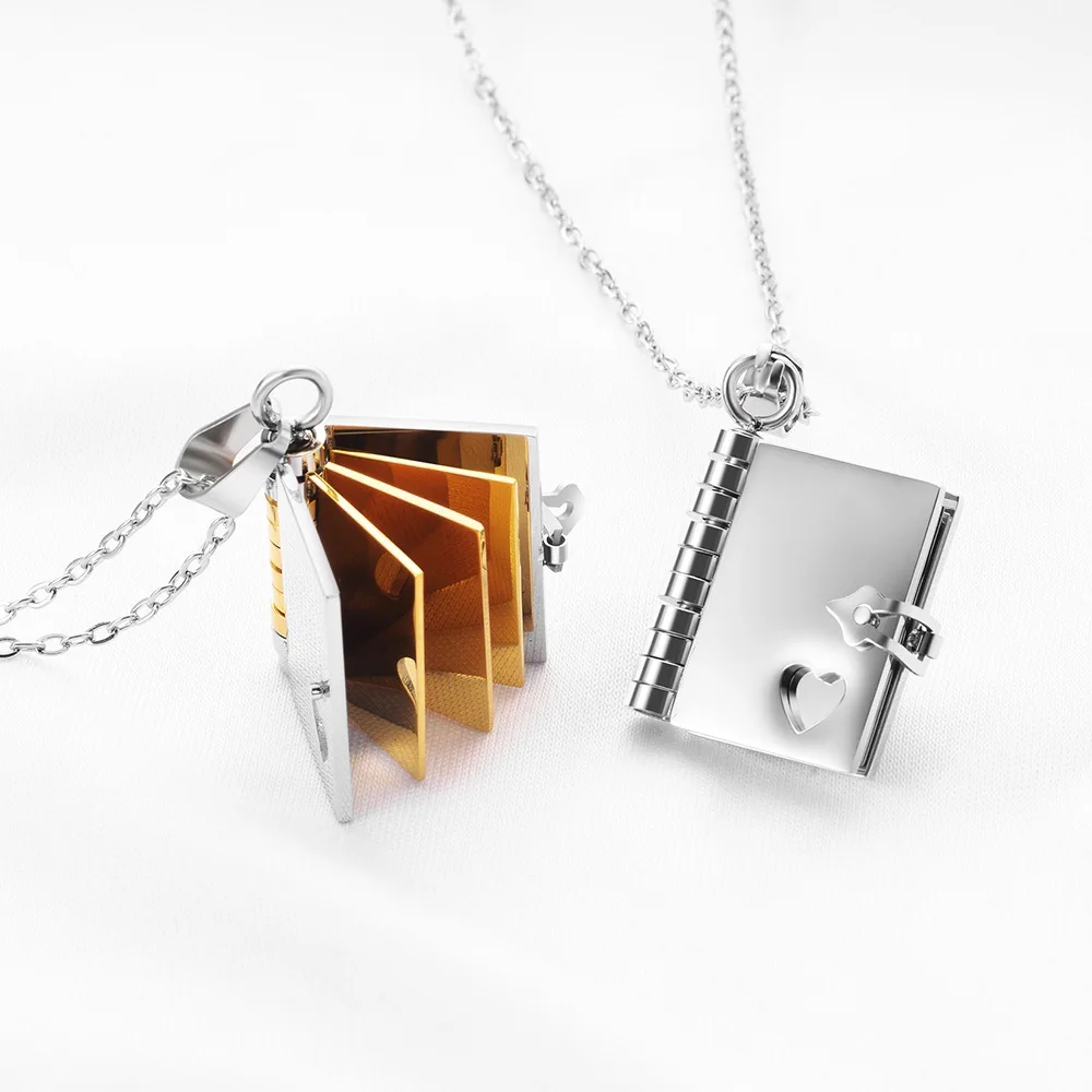 Dainty Meaningful Couple Jewelry Stainless Steel No Fade Locket Necklace 3 Colors Book Necklaces Souvenir Gifts Laser Logo