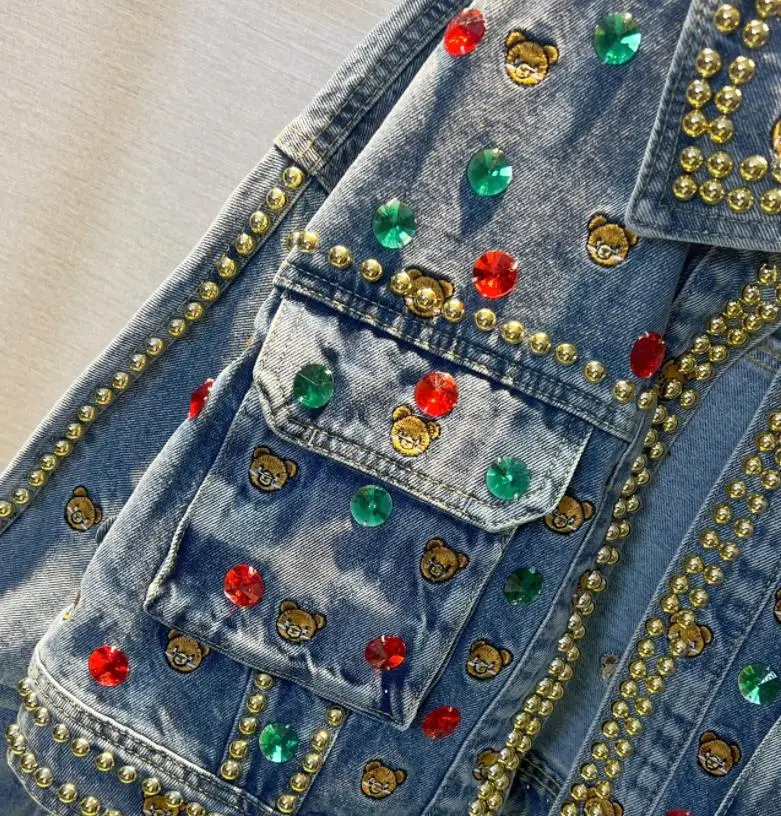 2023 Autumn New Heavy Industry Women Denim Coat Rhinestone Beaded ...