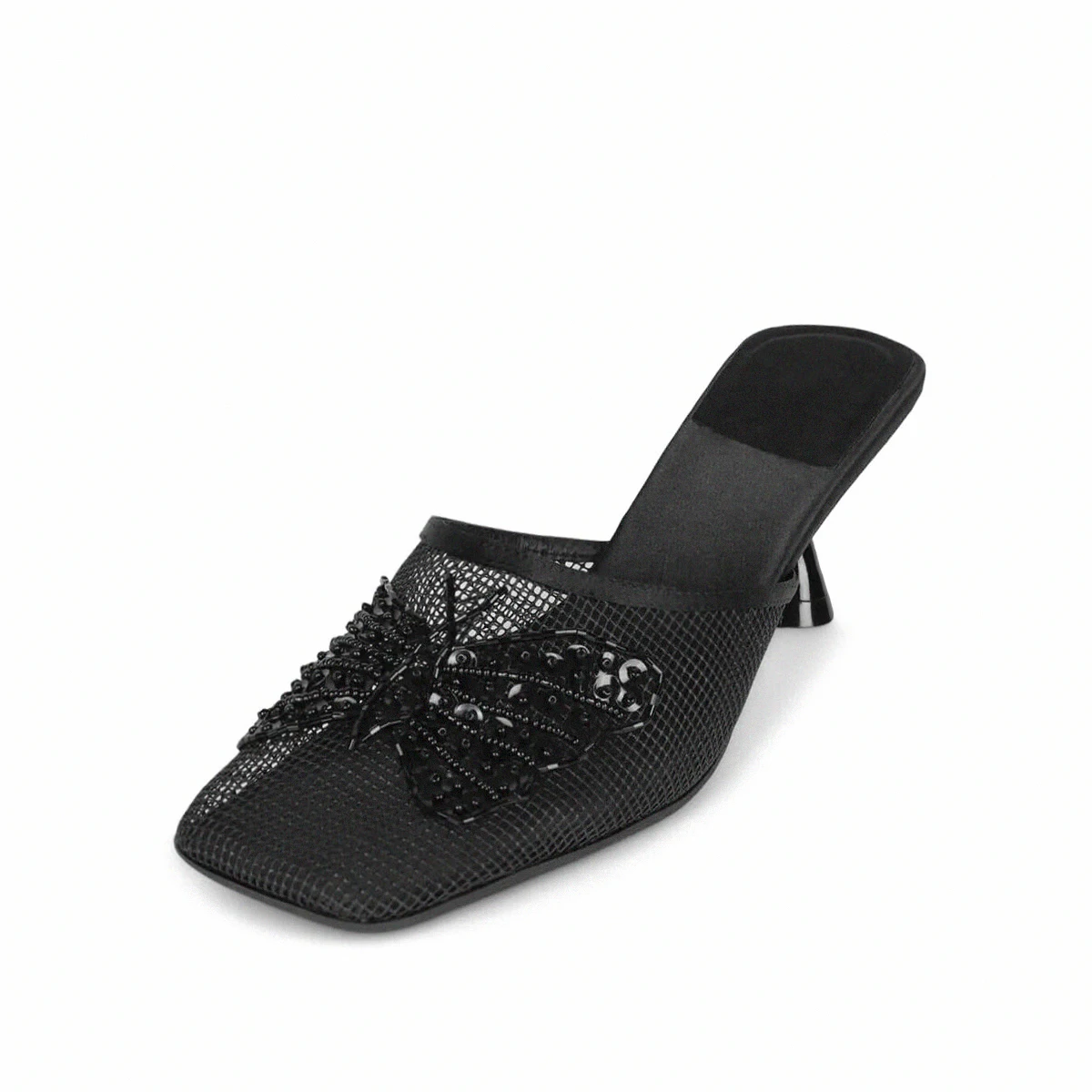 Custom Popular Brand Slide Sandals Mesh Heel Slippers Femmes Beads Sequin Butterfly 6cm Heeled Mules