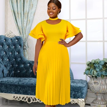 Yellow African Clothing Party Pleat Stock Girl Prom Wedding Dress 2024