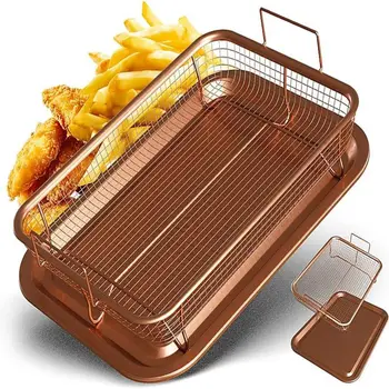 2-Piece Medium Size Non-Stick Air Fryer Tray Set 38*28*5.5cm/15*11*2.17\" Elevated Oven Crisper Basket Baking Tray Baking