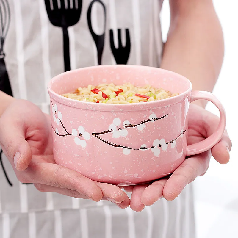 Sample Available Large Capacity Ramen Soup Bowl Set Ceramic Embossed Ceramic Soup Mug with Lid